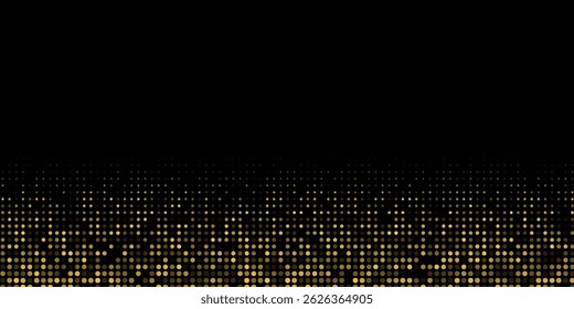 Banner de luxo abstrato com pontos dourados brilhantes sobre fundo preto. Borda inferior cintilante brilhante, quadro vetorial. Efeito de meio-tom. Poeira de ouro mágico. Tela de fundo do estilo pop art.