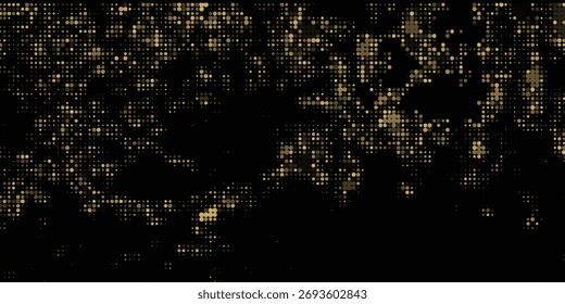 Abstract luxury banner with golden glittering dots on black background. Sparkling glitter bottom border, vector frame. Halftone effect. Magical gold dust. Pop art style backdrop.
