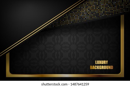 Abstract luxury black background overlap layer on dark space with golden lines combinations for design template. Texture with golden glitters dots element decoration.