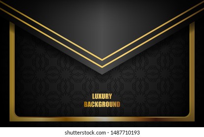 Abstract luxury black background overlap layer on dark space with golden lines combinations for design template. Texture with golden glitters dots element decoration.