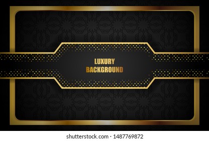 Abstract luxury black background overlap layer on dark space with golden lines combinations for design template. Texture with golden glitters dots element decoration.