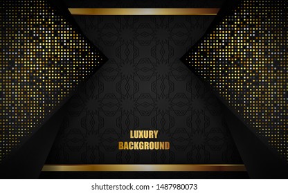 Abstract luxury black background overlap layer on dark space with golden lines combinations for design template. Texture with golden glitters dots element decoration.