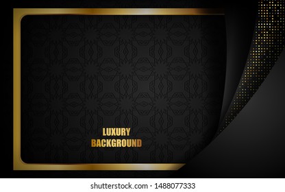 Abstract luxury black background overlap layer on dark space with golden lines combinations for design template. Texture with golden glitters dots element decoration.