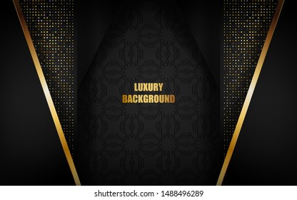 Abstract luxury black background overlap layer on dark space with golden lines combinations for design template. Texture with golden glitters dots element decoration.