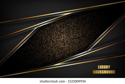 Abstract luxury black background overlap layer on dark space with golden lines combinations for use element cover, banner, brochure, and flyer. Texture with golden glitters dots element decoration.