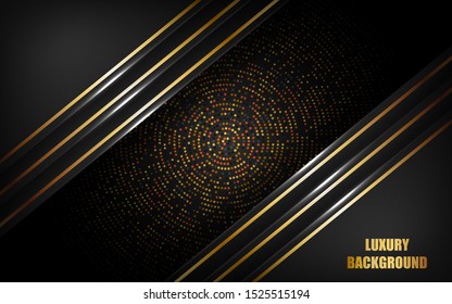 Abstract luxury black background overlap layer on dark space with golden lines combinations for use element cover, banner, brochure, and flyer. Texture with golden glitters dots element decoration.