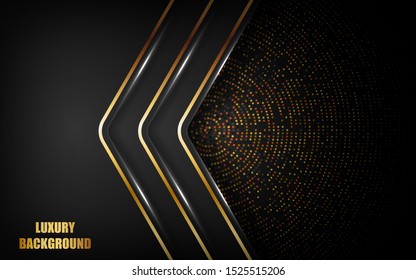 Abstract luxury black background overlap layer on dark space with golden lines combinations for use element cover, banner, brochure, and flyer. Texture with golden glitters dots element decoration.