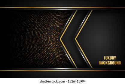 Abstract luxury black background overlap layer on dark space with golden lines combinations for use element cover, banner, brochure, and flyer. Texture with golden glitters dots element decoration.