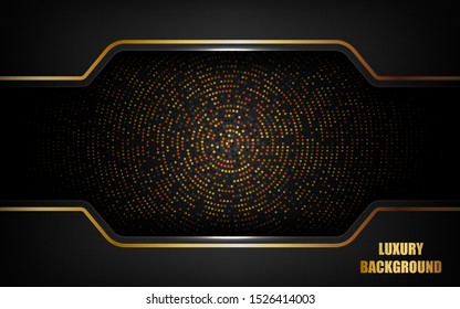 Abstract luxury black background overlap layer on dark space with golden lines combinations for use element cover, banner, brochure, and flyer. Texture with golden glitters dots element decoration.