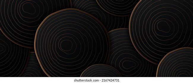 Abstract luxury black background and tree rings  Modern circle shape overlap layer texture  Golden circle ring pattern  Luxury style  Circular wood concept  Vector illustration