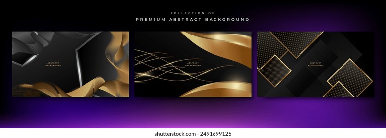 Abstract luxury black and gold background with golden lines, texture, glitter, halftone, and geometric shapes