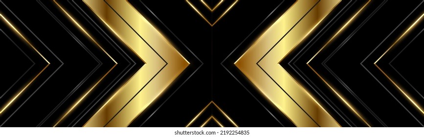 Abstract luxury black and gold wide background with arrows and angles. Elegant luxury background with 3d geometric triangle golden arrows. Vector illustration