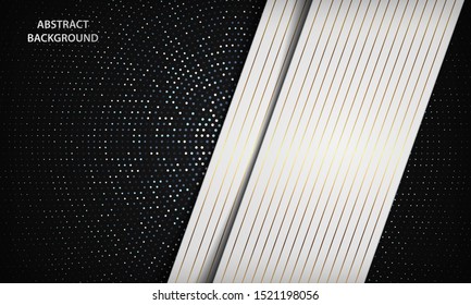 Abstract luxury black and white overlap background with silver circle glitters dots decoration. Texture with golden stripe element. Modern vector design template.