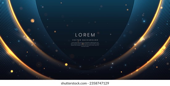 Abstract luxury blue and gold curve lines elegant and lighting effect on dark blue background. Vector illustration