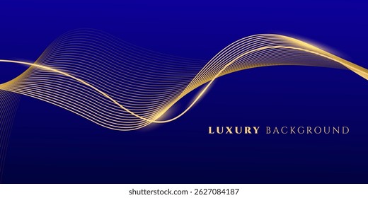 Gradiente azul de luxo abstrato com linhas brilhantes de fluxo de ouro. Fundo de padrão de onda de linha de luxo moderno adequado para banner, cartaz, prêmio, brochura, capa, folheto.