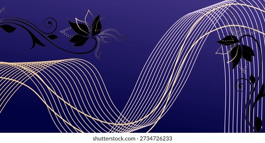 Abstract luxury blue gradient with shining gold flowing lines. Modern luxury line wave pattern background suitable for banner, poster, award, brochure, cover, flayer.