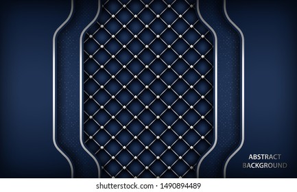 Abstract luxury blue overlap background with realistic buttoned leather. Texture with silver list and silver glitters dots element. Vector illustration.
