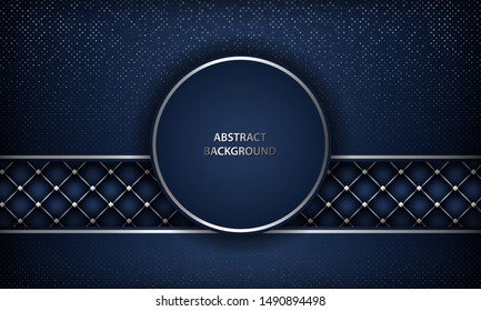 Abstract luxury blue overlap background with realistic buttoned leather. Texture with silver list and silver glitters dots element. Vector illustration.