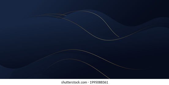Abstract luxury blue wave shape with gold stripes lines on dark blue background. Vector illustration