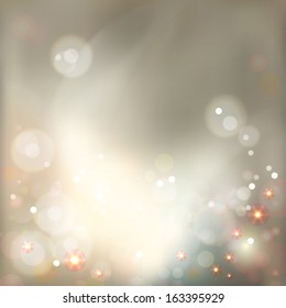 Abstract luxury bokeh vector modern style background with twinkling lights, crystals. Soft defocused holidays blurred pattern on backdrop in pastel colors