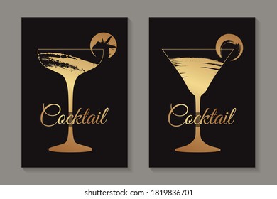 Abstract luxury card templates for alcohol tasting invitation or bar and restaurant menu or banner or logo with golden grunge cocktail glasses on a black background.