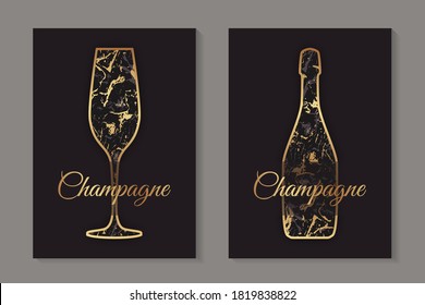 Abstract luxury card templates for champagne tasting invitation or bar and restaurant menu or banner or logo with drinking glasses with golden marble texture on a black background.