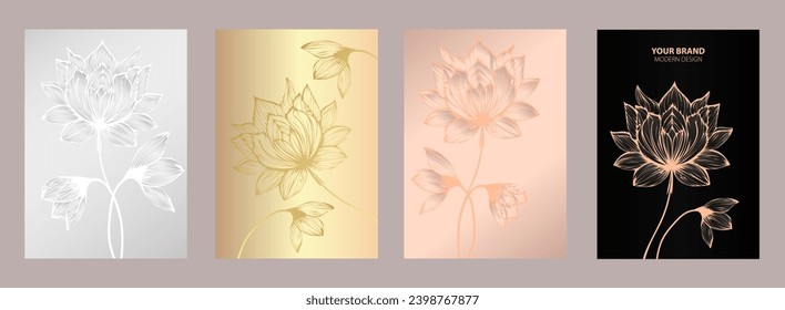 Abstract luxury cards collection with floral ornament in black, silver, peach, gold color. Elegant vector background pattern for wedding invitation, cosmetics cover, holiday poster.