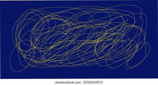 Abstract luxury chaotic random yellow stripes. Random geometric lines scribble pattern on blue background. Abstract geometric pattern of random chaotic lines of modern design.