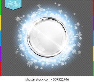 Abstract luxury chrome metal ring white glass ball. Vector light circles, snowflakes and spark light effect. Sparkling glowing round frame on blue transparent. Winter Christmas or New Year background