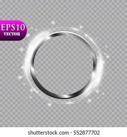 Abstract luxury chrome metal ring. Vector light circles and spark light effect. Sparkling glowing round frame on transparent. Sunny and cheerful background. Glow space for your message