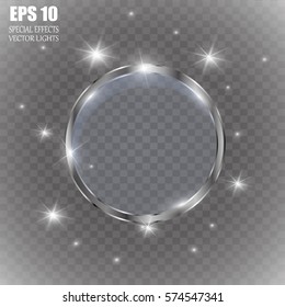 Abstract luxury chrome metal ring. Vector light circles and spark light effect. Sparkling glowing round frame on transparent. Sunny and cheerful background. Glow space for your message