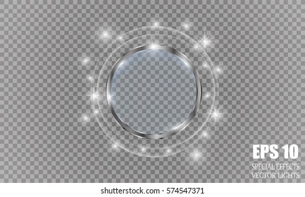 Abstract luxury chrome metal ring. Vector light circles and spark light effect. Sparkling glowing round frame on transparent. Sunny and cheerful background. Glow space for your message