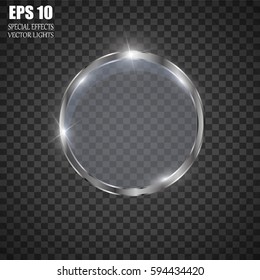 Abstract luxury chrome metal ring. Vector light circles and spark light effect. Sparkling glowing round frame on transparent. Sunny and cheerful background. Glow space for your message