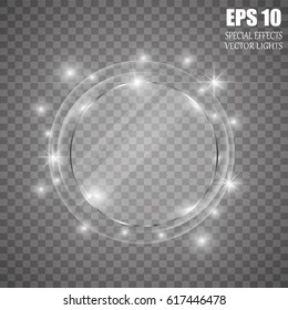 Abstract luxury chrome metal ring. Vector light circles and spark light effect. Sparkling glowing round frame on transparent. Sunny and cheerful background. Glow space for your message