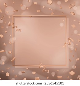 Abstract luxury copy space background with 3D metallic falling confetti decoration and frame. Mocha hues vector illustration with glow light effect for sale, promo, greeting card, festive design