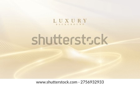 Abstract luxury cream background showing glowing particle wave. Elegant golden light line flow space for premium beauty presentation banner. Vector illustration.
