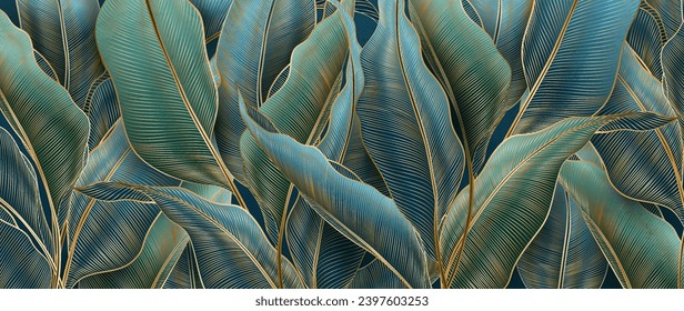 Abstract luxury dark art background with hand drawn palm leaves in golden line style. Botanical banner with tropical plants for wallpaper, decor, packaging, print, interior design