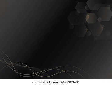 Abstract luxury dark background with bokeh in geometric shape and gold wavy line. Simple vector illustration with copy space. Monochrome elegant geometric backdrop. 