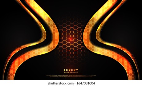 Abstract luxury dark background with a combination glowing golden hexagonal pattern. with line Gold Sparkles glitter and gradient decoration shapes geometric Polished vector , design elements