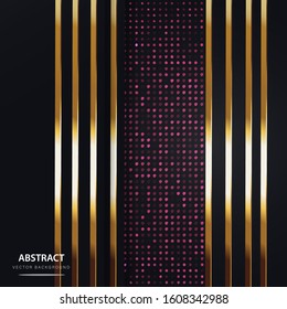 Abstract luxury dark background. Eight straight vertical gold lines on the left and right with a red glitter in the middle. Modern geometric shapes design