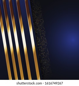 Abstract luxury dark background. Four gold lines with light blue. Creative geometric shapes design style