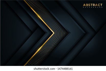 Abstract luxury dark background with golden lines and circular glowing golden dots combinations. Overlap modern background