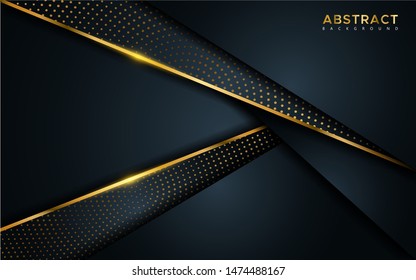 Abstract luxury dark background with golden lines and circular glowing golden dots combinations. Overlap modern background