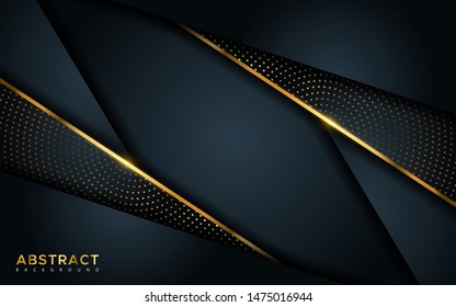 Abstract luxury dark background with golden lines and circular glowing golden dots combinations. Overlap modern background