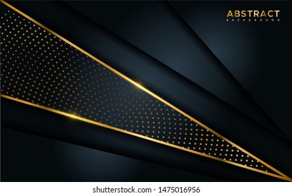 Abstract luxury dark background with golden lines and circular glowing golden dots combinations. Overlap modern background