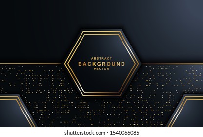 Abstract luxury dark background with golden lines and golden dots combinations. Overlap modern background