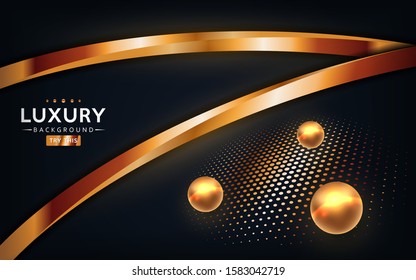 Abstract luxury dark background with golden lines and circular glowing golden dots combinations. Overlap modern background