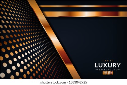 Abstract luxury dark background with golden lines and circular glowing golden dots combinations. Overlap modern background