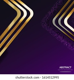 Abstract luxury dark background. Golden triangle with beautiful glitter and purple light. Modern geometric shapes design
