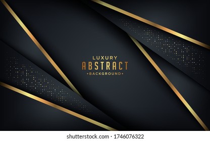 Abstract luxury dark background with golden lines and golden dots combinations. Dynamic shapes composition. 